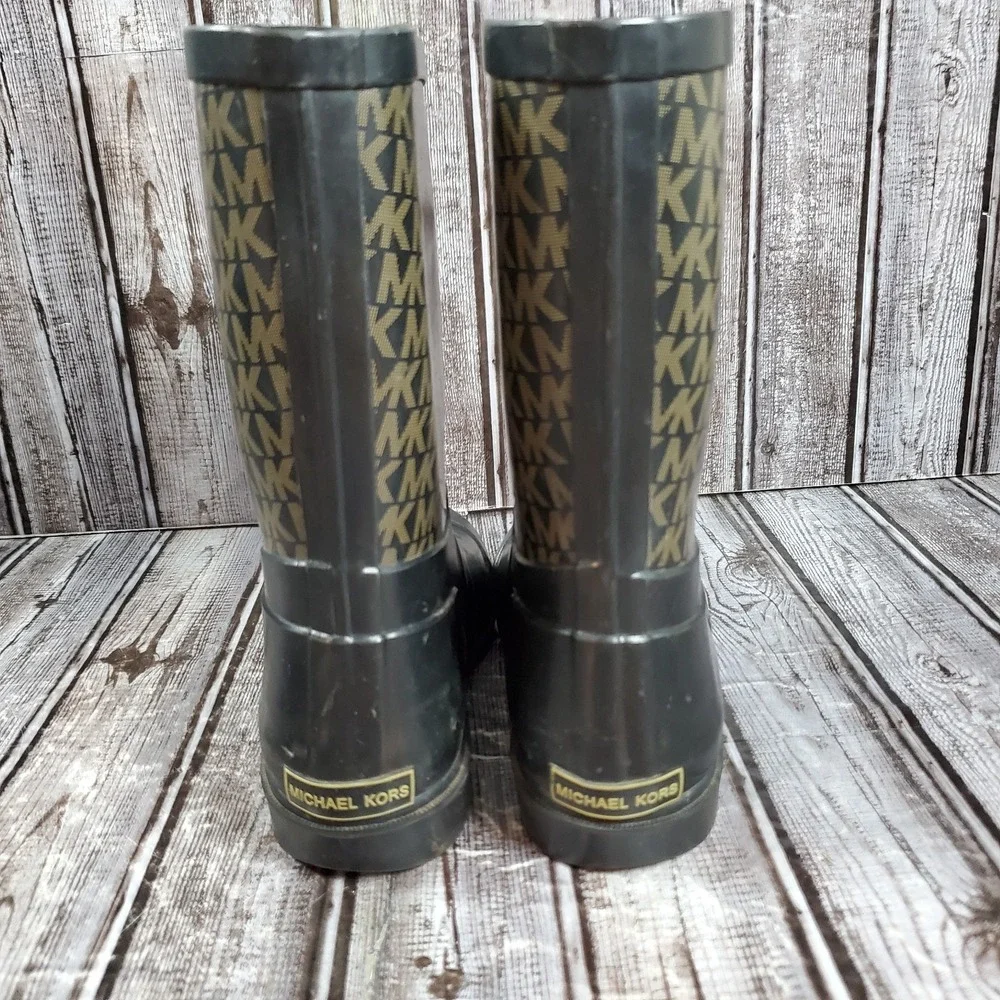 Michael Kors Girls Daisy Joe Logo Rubber Mid Calf Rain Boots Black Gold Size 3